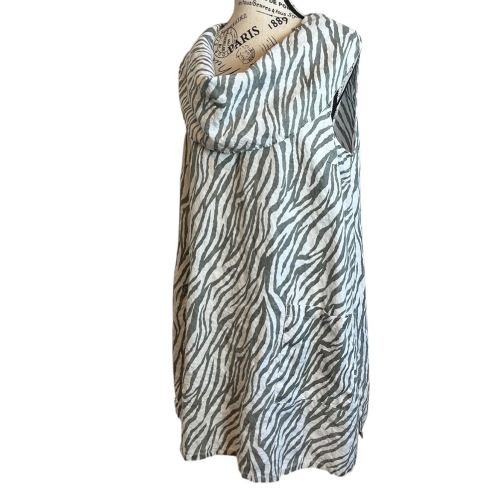 Match Point 100% Linen Grey Zebra Print Lagenlook Bohemian Tunic Mini Dress - Picture 8 of 10